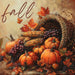 Fall cornucopia metal sign with pumpkins, Indian corn, berries and colorful autumn leaves.