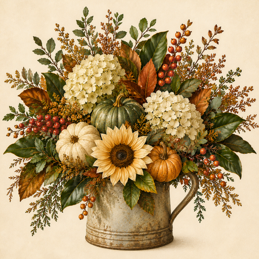 Fall floral arrangement in a rustic metal pitcher featuring hydrangeas, pumpkins, sunflower bloom, berries, and autumn foliage in warm harvest colors.