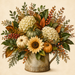 Fall floral arrangement in a rustic metal pitcher featuring hydrangeas, pumpkins, sunflower bloom, berries, and autumn foliage in warm harvest colors.