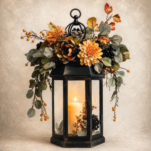 autumn lantern floral metal sign featuring a black lantern with a glowing candle surrounded by orange flowers, eucalyptus leaves, berries, pinecones, and fall foliage.