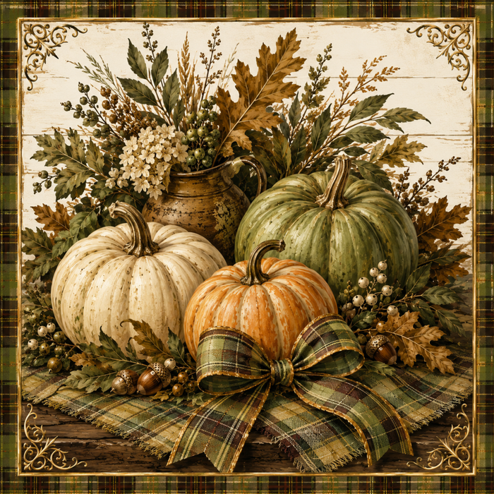 Autumn pumpkin metal sign with cream, orange and sage green pumpkins, fall foliage, acorns and green plaid bow and border.