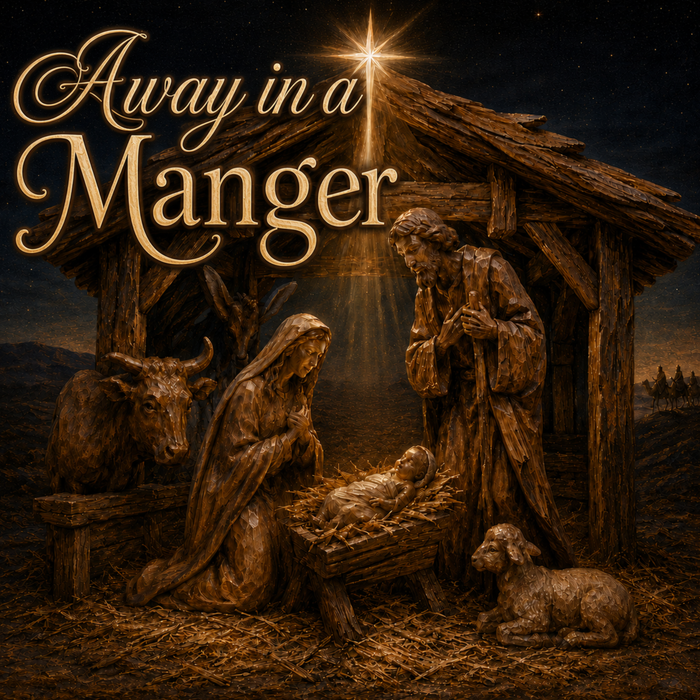 Away in a Manger Christmas metal sign featuring a wood-carved-style nativity scene with Mary, Joseph, baby Jesus, animals, and the Star of Bethlehem