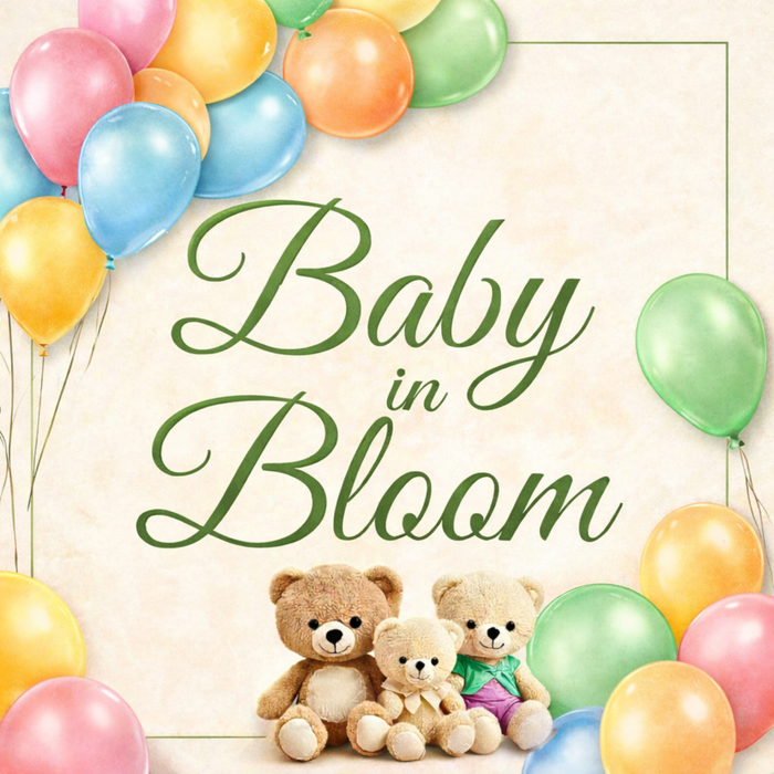 Square Baby in Bloom metal sign with teddy bears, balloons, and soft nursery colors