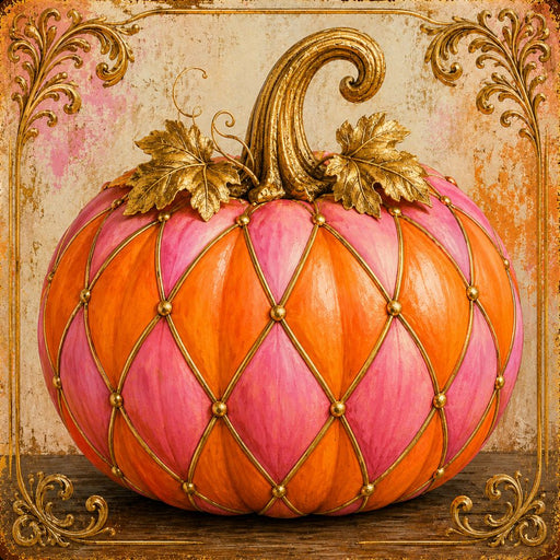 10 x 10 metal fall wreath sign featuring a pink and orange harlequin pumpkin with gold accents and an ornate vintage border. Exclusive Trendy Tree Design for deco mesh wreaths, grapevine wreaths, or framing. SKU TTE-496.