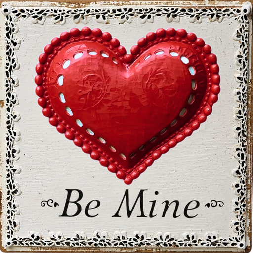 Vintage lace-edge “Be Mine” Valentine heart sign with an ornate heart design, soft antique tones, and decorative border, Trendy Tree exclusive — TTE-363.