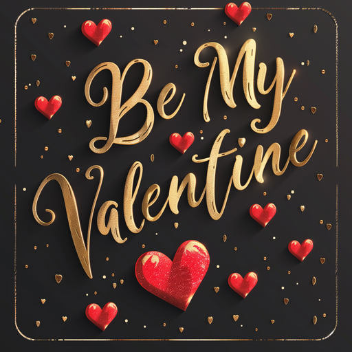 Black Valentine sign with gold embossed “Be My Valentine” lettering, accented with bright red hearts and tiny gold dots, in a square gold border.