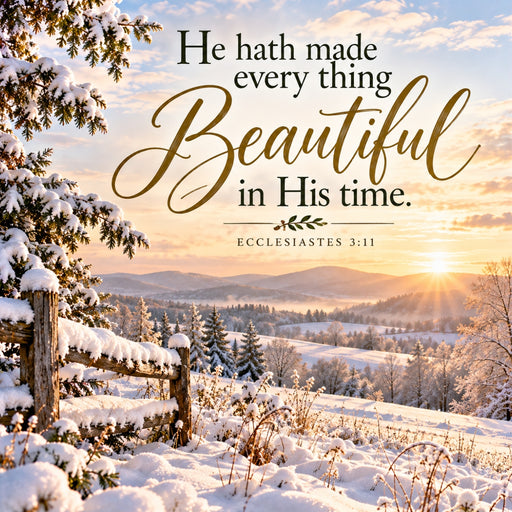 Christian winter metal sign featuring Ecclesiastes 3:11, "He hath made every thing beautiful in His time," over a snowy countryside landscape with evergreen trees, rustic fence, distant hills, and a golden sunrise. TTE-846.