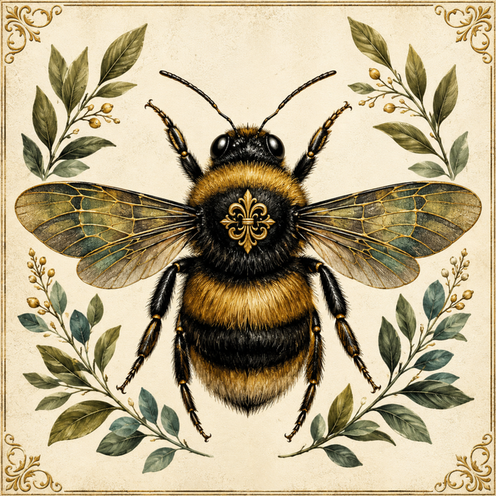 Botanical bee metal sign with a detailed black and gold bumblebee surrounded by green foliage on a vintage cream background.