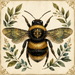 Botanical bee metal sign with a detailed black and gold bumblebee surrounded by green foliage on a vintage cream background.