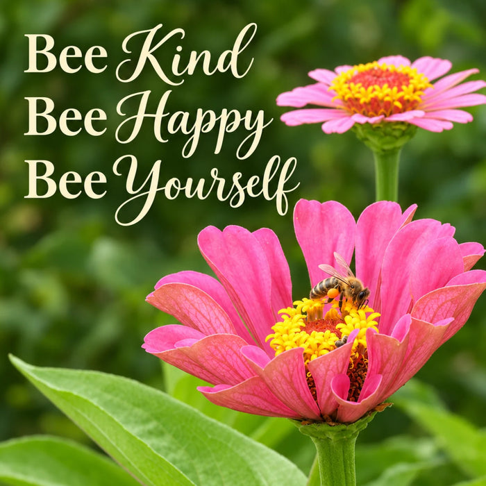 Bee Kind Bee Happy Bee Yourself flat metal sign with pink zinnia flowers, honeybee, and green garden background, TTE-898.