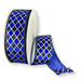Black and royal blue velvet wired ribbon with silver diamond harlequin pattern, 1.5 inches wide by 10 yards.