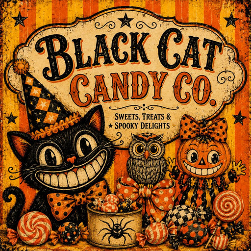 Black Cat Candy Co Halloween metal sign with grinning black cat, owl, pumpkin character and colorful candy, TTE-595.