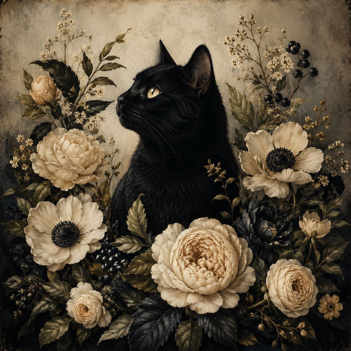 10 x 10 metal wreath sign featuring an elegant black cat surrounded by ivory flowers, botanical greenery, and dark berries. Exclusive Trendy Tree Design for deco mesh wreaths, grapevine wreaths, or framing. SKU TTE-488.