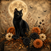 Black cat sitting in front of a harvest moon surrounded by orange, cream, and black autumn flowers with bats overhead, Halloween wreath accent metal sign TTE-435