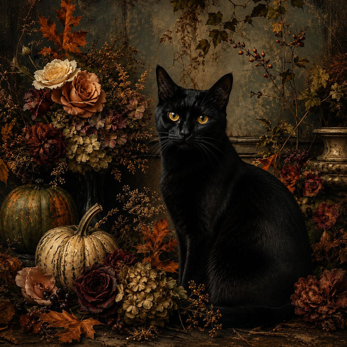 10 x 10 metal fall wreath sign featuring a black cat surrounded by heirloom pumpkins, autumn flowers, and fall foliage. Exclusive Trendy Tree Design for deco mesh wreaths, grapevine wreaths, or framing. SKU TTE-485.