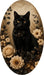 Black cat 7 x 12 inch oval Halloween metal sign with cream flowers, dark botanical foliage and vintage neutral background, TTE-655.