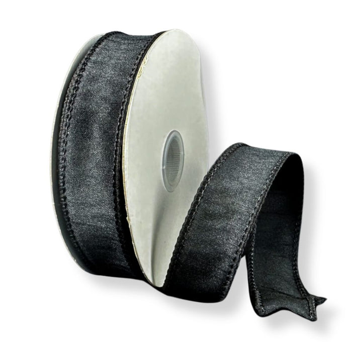 7/8-inch black faux dupioni wired ribbon on a 10-yard roll for accent bows, wreath details, gift wrapping, and seasonal decorating.