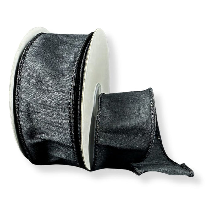 1.5-inch black faux dupioni wired ribbon on a 10-yard roll for wreaths, bows, garlands, and seasonal decorating.