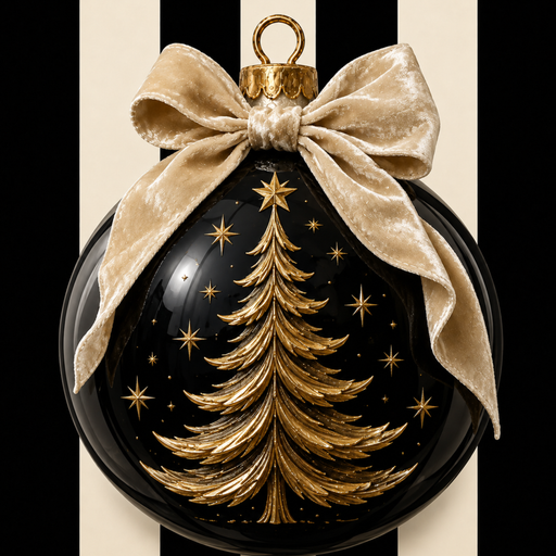 The Black and Gold Ornament Design Metal Sign TTE-711, featuring a gold tree and stars on a black background with a gold ribbon bow, makes striking Christmas decor when displayed against bold black and white vertical stripes.