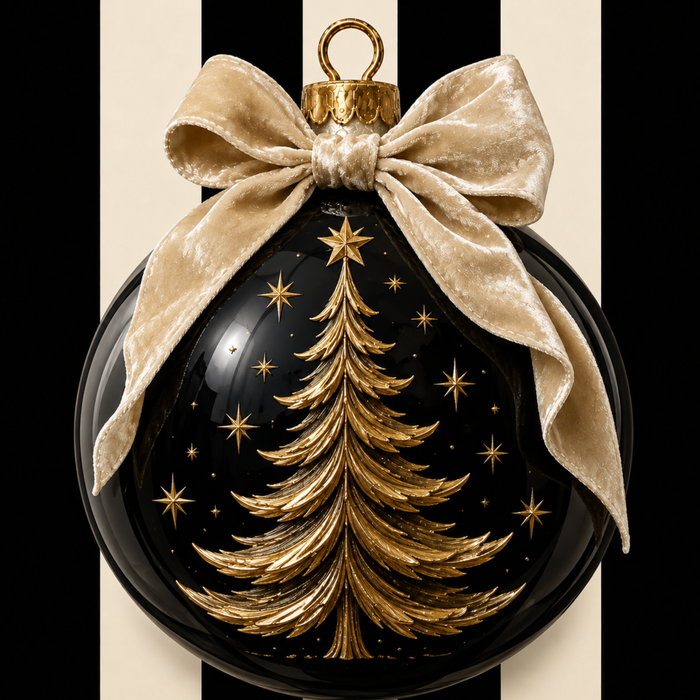 The Black and Gold Ornament Design Metal Sign TTE-711, featuring a gold tree and stars on a black background with a gold ribbon bow, makes striking Christmas decor when displayed against bold black and white vertical stripes.