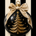 The Black and Gold Ornament Design Metal Sign TTE-711, featuring a gold tree and stars on a black background with a gold ribbon bow, makes striking Christmas decor when displayed against bold black and white vertical stripes.