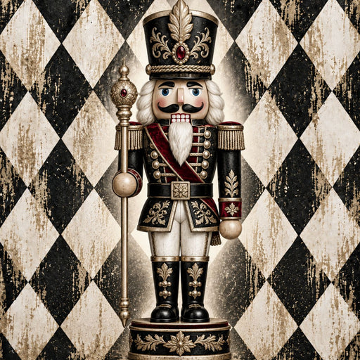Black and gold Christmas nutcracker metal sign with burgundy accents and harlequin diamond background TTE-763