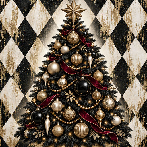 Black and gold Christmas tree metal sign with burgundy ribbon and distressed harlequin diamond background TTE-764