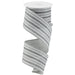 A 2.5X10Yd Slash Stripe/Royal Burlap Ribbon, in black, grey, white, and light grey (RGC195210), sits elegantly twisted on a white cardboard roll. This wired ribbon with a diagonal pattern is perfect for adding an elegant touch to your projects.
