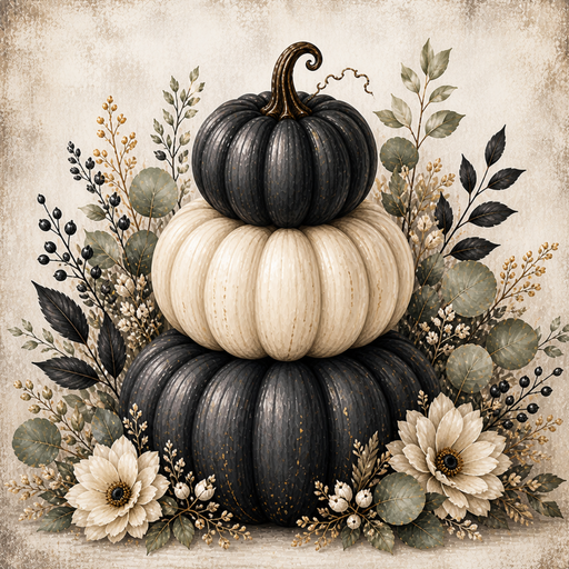 TTE-475 Black & Ivory Pumpkin Stack metal sign featuring stacked black and cream pumpkins surrounded by eucalyptus, neutral florals, berries, and botanical accents.