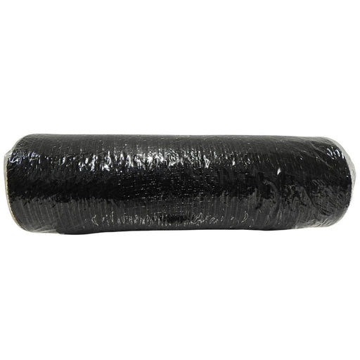 A large roll of 10" Black Metallic Mesh (XB90510-26), tightly wound and sealed in clear plastic, shown against a plain white background—perfect for seasonal decorating or as a sturdy base for wreath making.