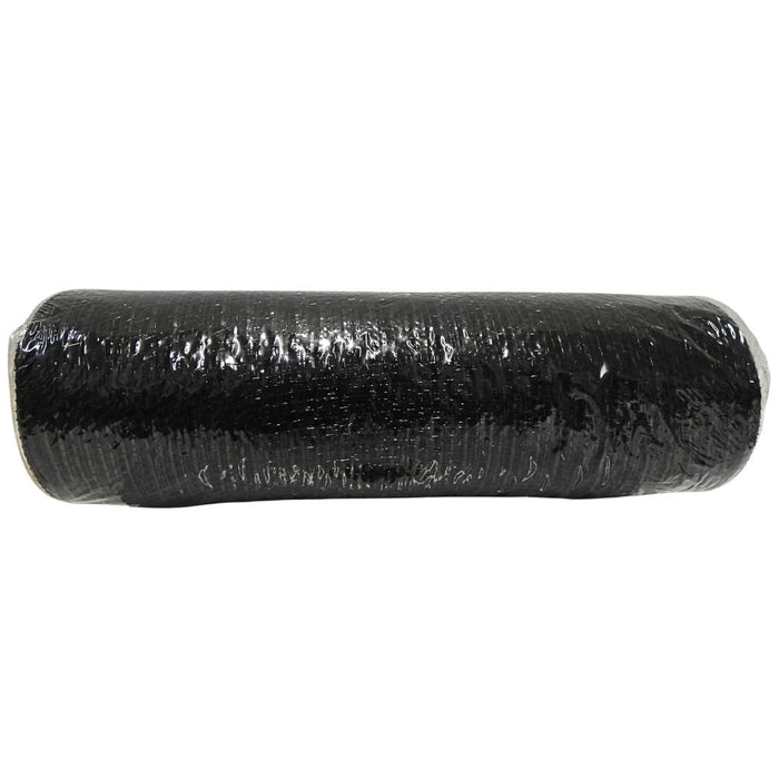 A large roll of 10" Black Metallic Mesh (XB90510-26), tightly wound and sealed in clear plastic, shown against a plain white background—perfect for seasonal decorating or as a sturdy base for wreath making.
