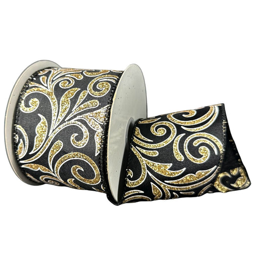 Black satin wired ribbon with ornate white swirls and sparkling gold glitter accents.