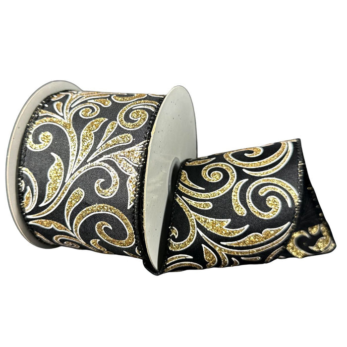 Black satin wired ribbon with ornate white swirls and sparkling gold glitter accents.