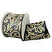 Black satin wired ribbon with ornate white swirls and sparkling gold glitter accents.