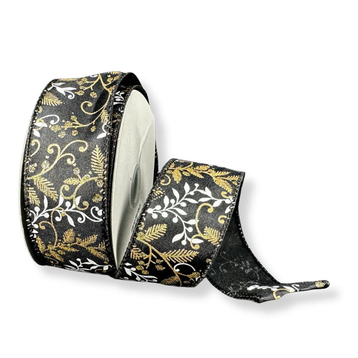 1.5-inch black wired ribbon with white vines and metallic gold berries and foliage on a 10-yard roll for wreaths, bows, garlands, and Christmas decorating.