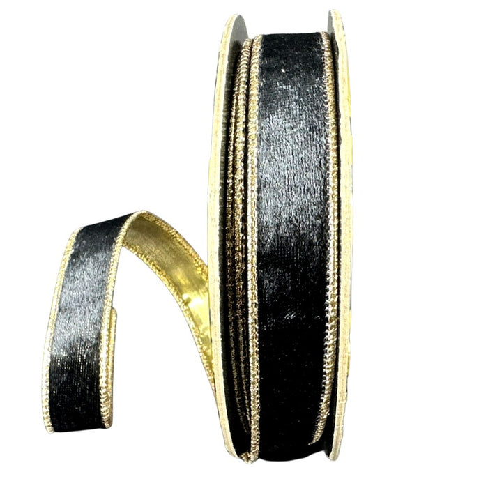 Black lush velvet wired ribbon with metallic gold backing and gold edge, double sided, 1 inch x 10 yards, SKU D73648-10-21.