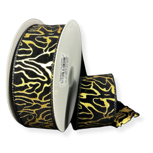 Black velvet wired ribbon with pressed metallic gold geo swirl design, 1.5 inches wide by 10 yards.