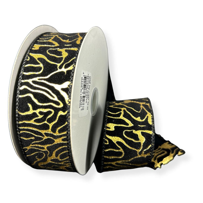 Black velvet wired ribbon with pressed metallic gold geo swirl design, 1.5 inches wide by 10 yards.