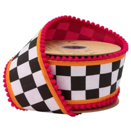 2.5 inch black and white check designer wired dupioni ribbon with orange and pink pom-pom edging and pink backing, SKU 9802W-031-63E.