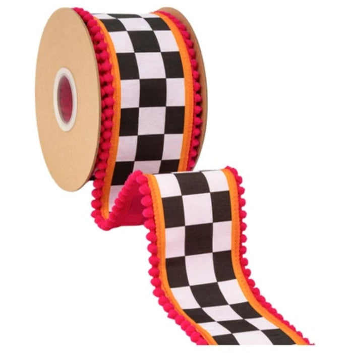 2.5 inch black and white check designer wired dupioni ribbon with orange and pink pom-pom edging and pink backing, SKU 9802W-031-63E.