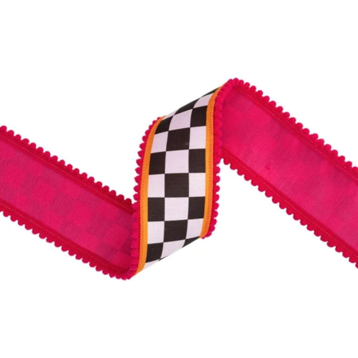 2.5 inch black and white check designer wired dupioni ribbon with orange and pink pom-pom edging and pink backing, SKU 9802W-031-63E.