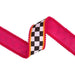 2.5 inch black and white check designer wired dupioni ribbon with orange and pink pom-pom edging and pink backing, SKU 9802W-031-63E.
