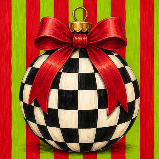 Flat metal Christmas sign printed with black-and-white checked ornament artwork, a red bow, and red and lime-green stripes