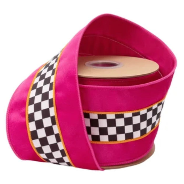 4 inch designer wired velvet ribbon with black and white checks, pink and orange stripes, and contrasting pink backing, SKU 9801W-187-100E.