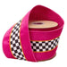 4 inch designer wired velvet ribbon with black and white checks, pink and orange stripes, and contrasting pink backing, SKU 9801W-187-100E.