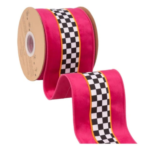 4 inch designer wired velvet ribbon with black and white checks, pink and orange stripes, and contrasting pink backing, SKU 9801W-187-100E.