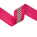 4 inch designer wired velvet ribbon with black and white checks, pink and orange stripes, and contrasting pink backing, SKU 9801W-187-100E.
