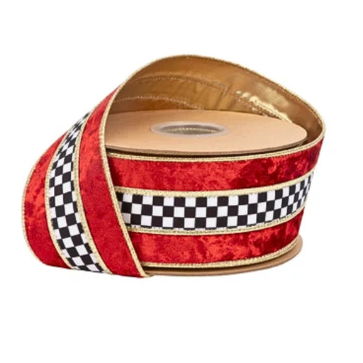 Roll of red velvet wired ribbon featuring a black and white checkerboard center stripe, gold trim, and metallic gold backing, 2.5 inches wide, SKU 9825W-250-63E.