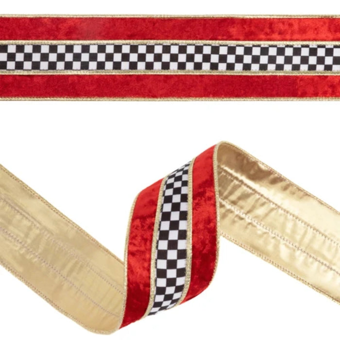 Close-up of red velvet Christmas ribbon showing black and white check center stripe, gold borders, metallic gold reverse, and wired edges, SKU 9825W-250-63E.