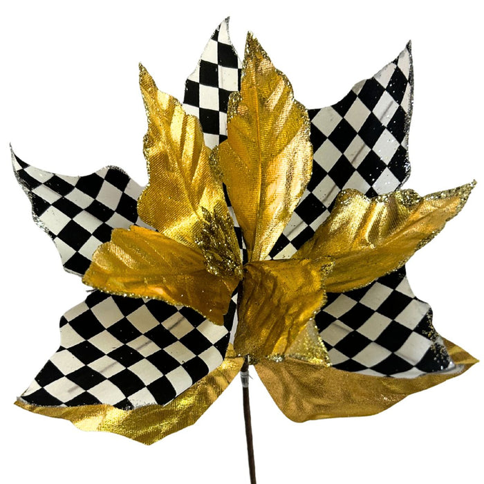 Black and white checked poinsettia Christmas spray accented with metallic gold leaves